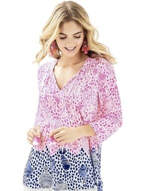 Lilly Pulitzer Marilina v-neck, tassel, tie, pink and blue relaxed fit tunic S
